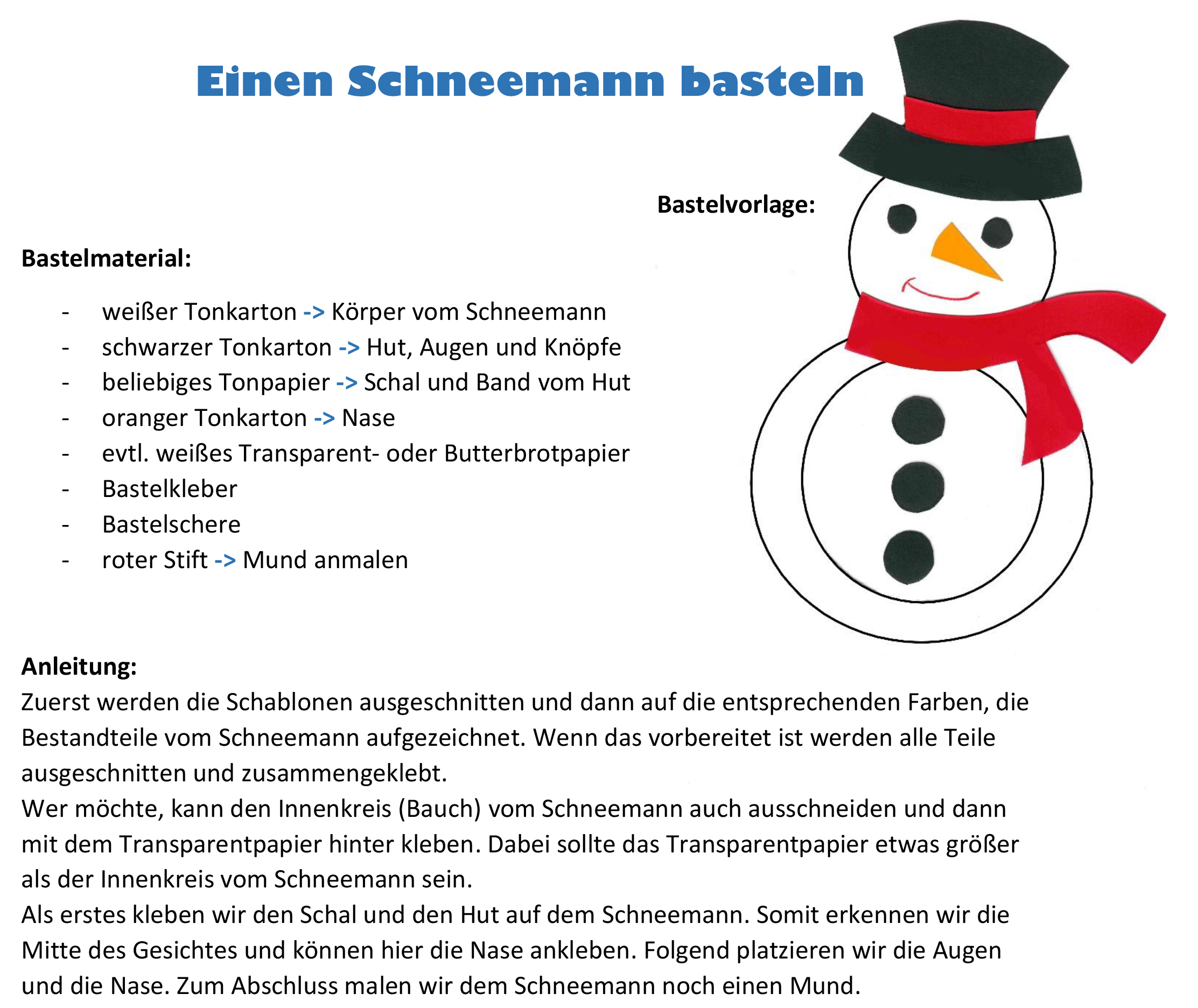 Bastelanleitung (Beschreibung) für einen Schneemann, Teil 1
