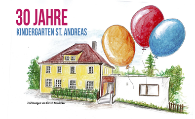 Jubiläumsgrafik mit gezeichnetem Gebäude und bunter Luftballon-Traube