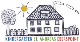 Handgezeichnetes Logo des Kindergartens Eberspoint. Es zeigt den Haupteingang des Kindergartens vor seinem Umbau 2018/19. Die Zeichnung wurde von Christl Neudecker angefertigt.