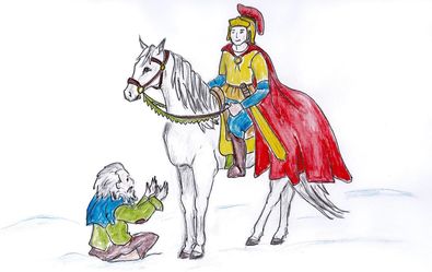 St.-Martin verteilt Gaben an Arme, gezeichnet von Christl Neudecker