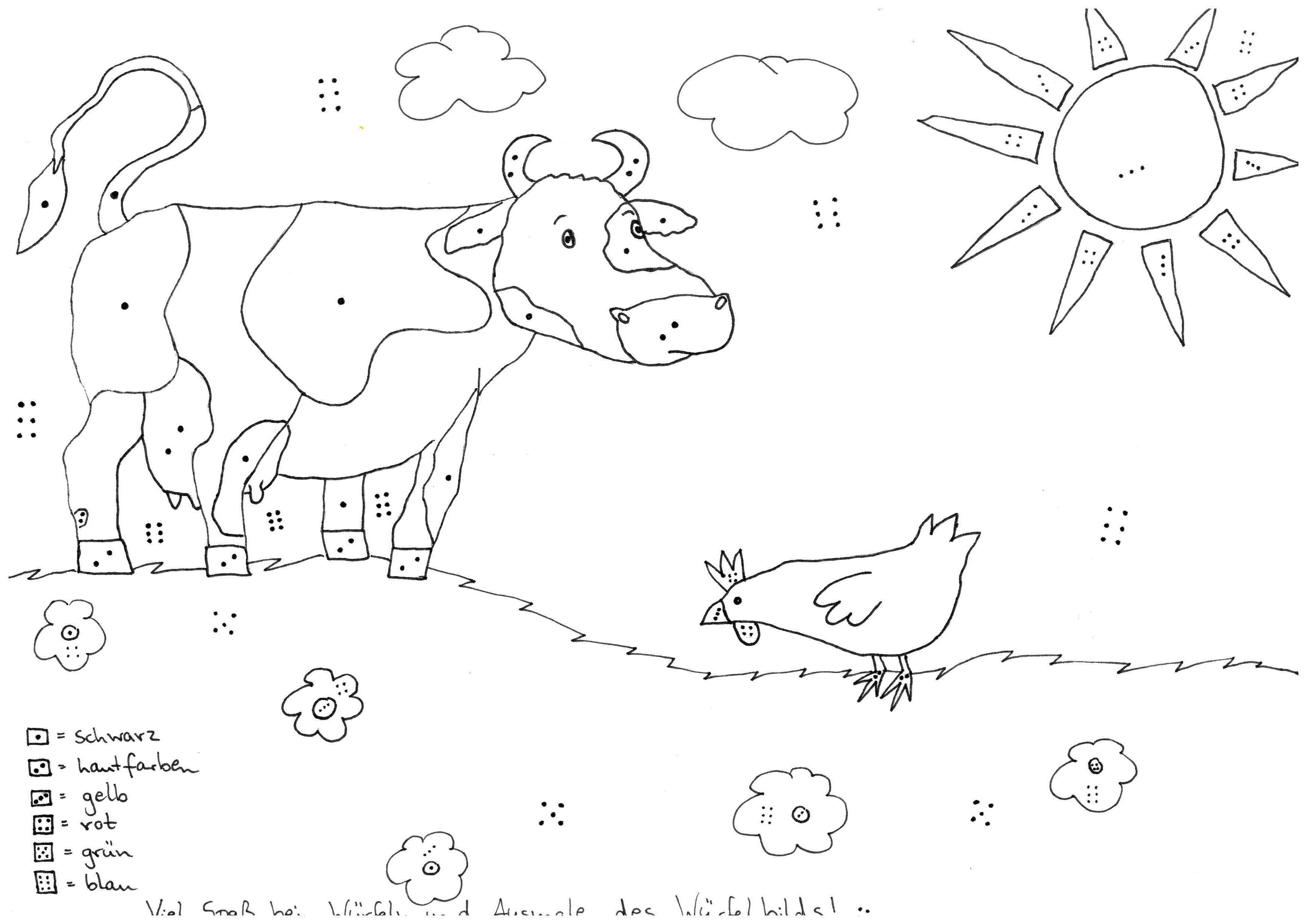 Würfelbild Kuh Lieselotte zum Anmalen und Spielen