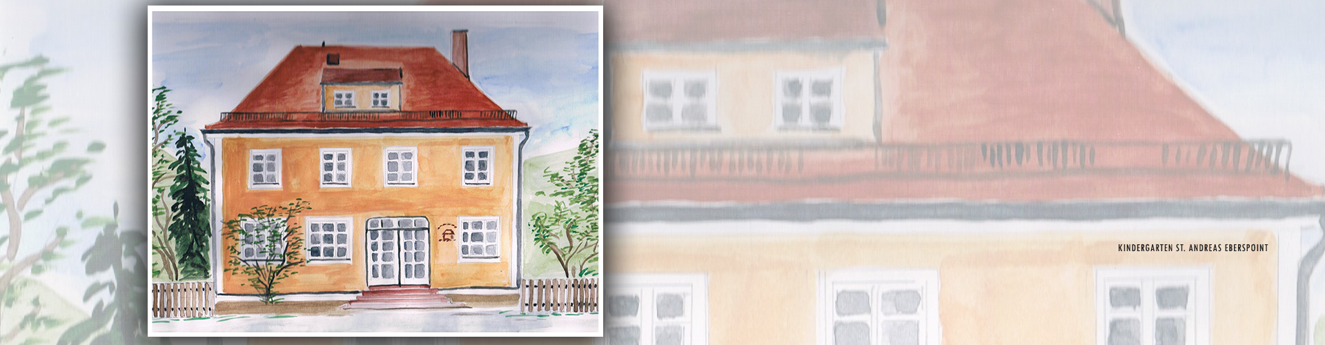 Frontansicht des Kindergartens Eberspoint © Aquarell von Christl Neudecker